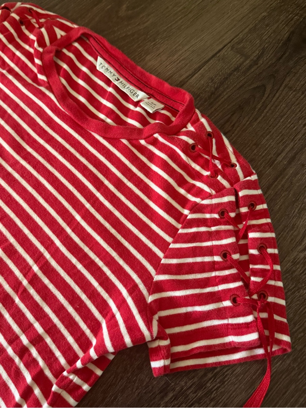 Vintage Tommy Hilfiger Red & White Striped Lace-Up Sleeve Tee